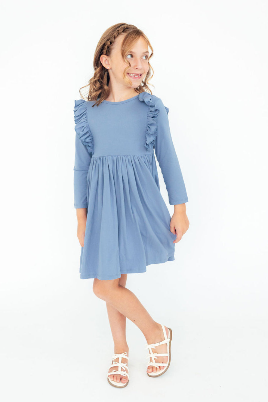 Dusty Blue L/S Ruffle Twirl Dress - Mila & Rose ®