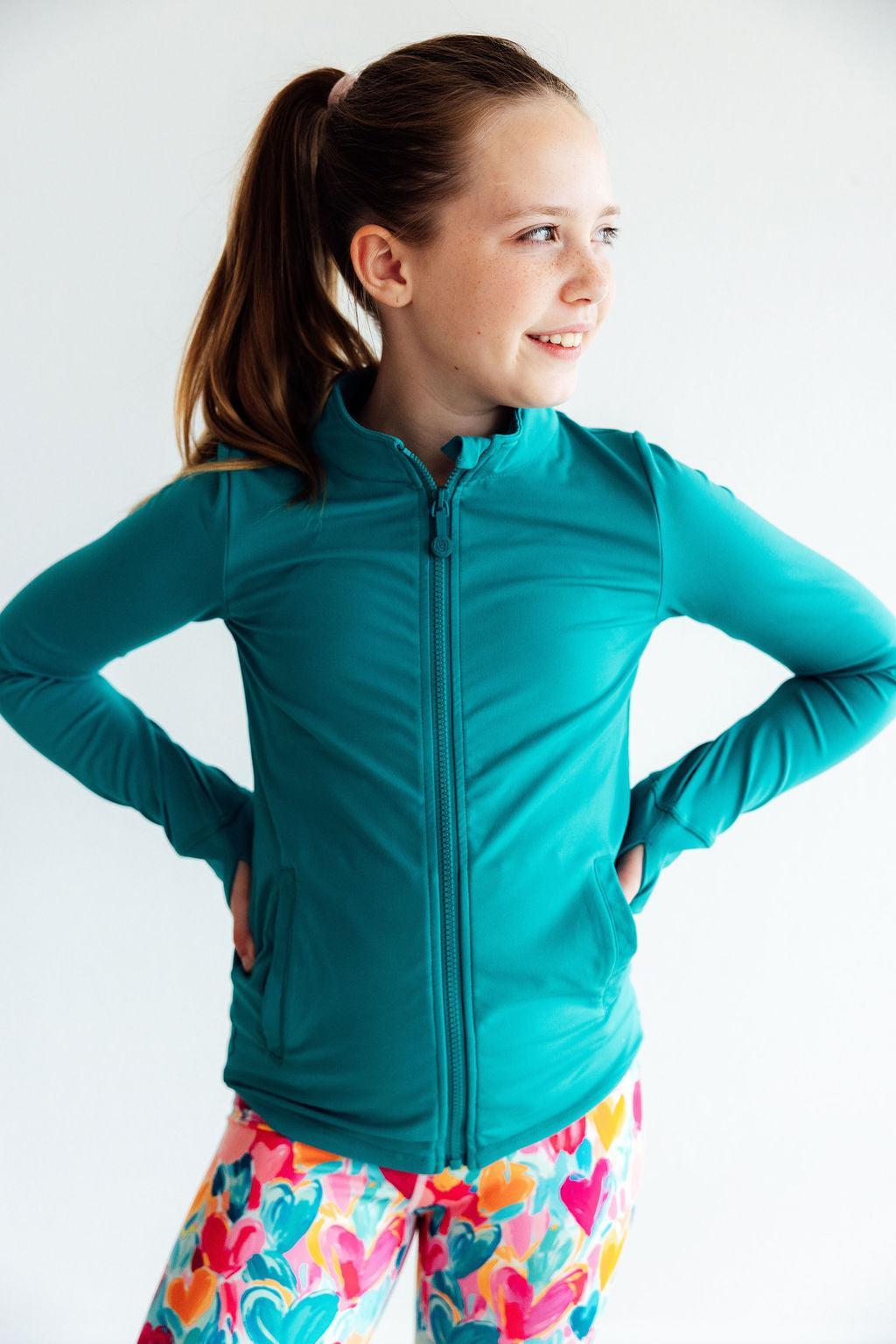 Teal Blue Ruffle Activewear Zip Jacket - Mila & Rose ®