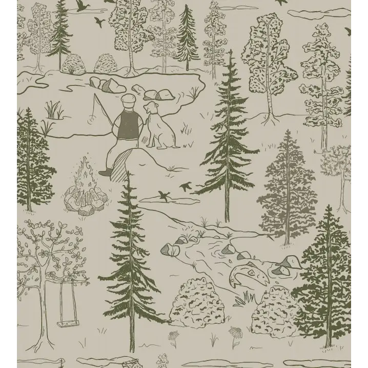 Milton Wallpaper - Fishing Buddies - by Painted Hawk Design - Sample 1 foot by 1 foot / Green - Loomwell Home Goods