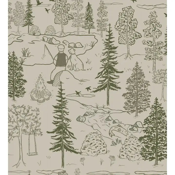 Milton Wallpaper - Fishing Buddies - by Painted Hawk Design - Sample 1 foot by 1 foot / Green - Loomwell Home Goods