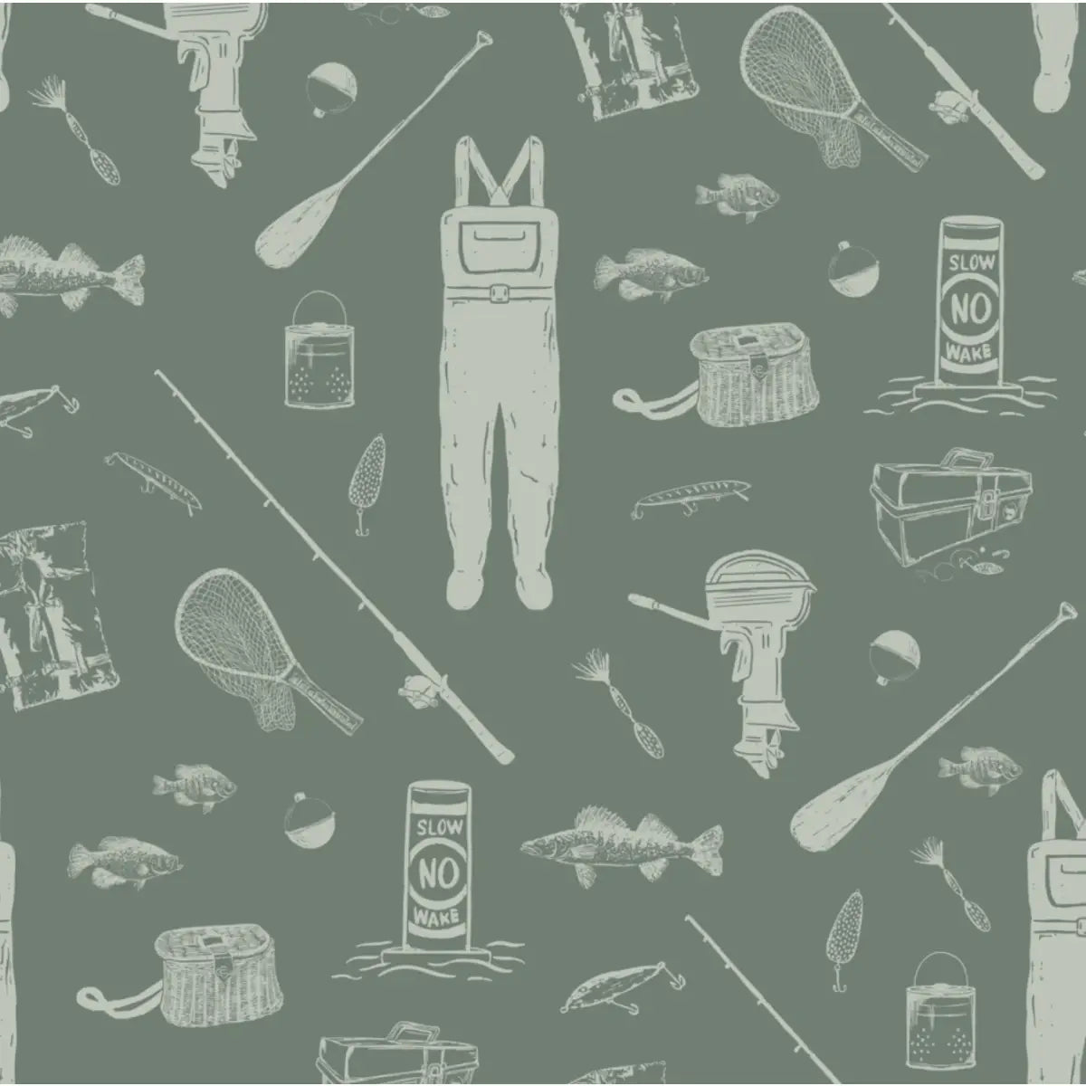 Moby Wallpaper - Fishing Gear - by Kim Hallquist Designs - Sample 1 foot by 1 foot / Green - Loomwell Home Goods