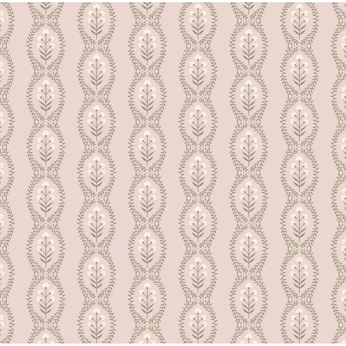 Nattie Wallpaper - Block Print Floral Stripe - by Kourtni Gunn - Sample 1 foot by 1 foot / Pink - Loomwell Home Goods