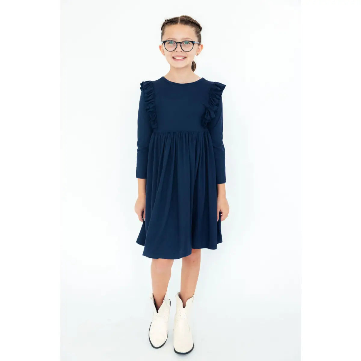 Navy L/S Ruffle Twirl Dress - Mila & Rose ®