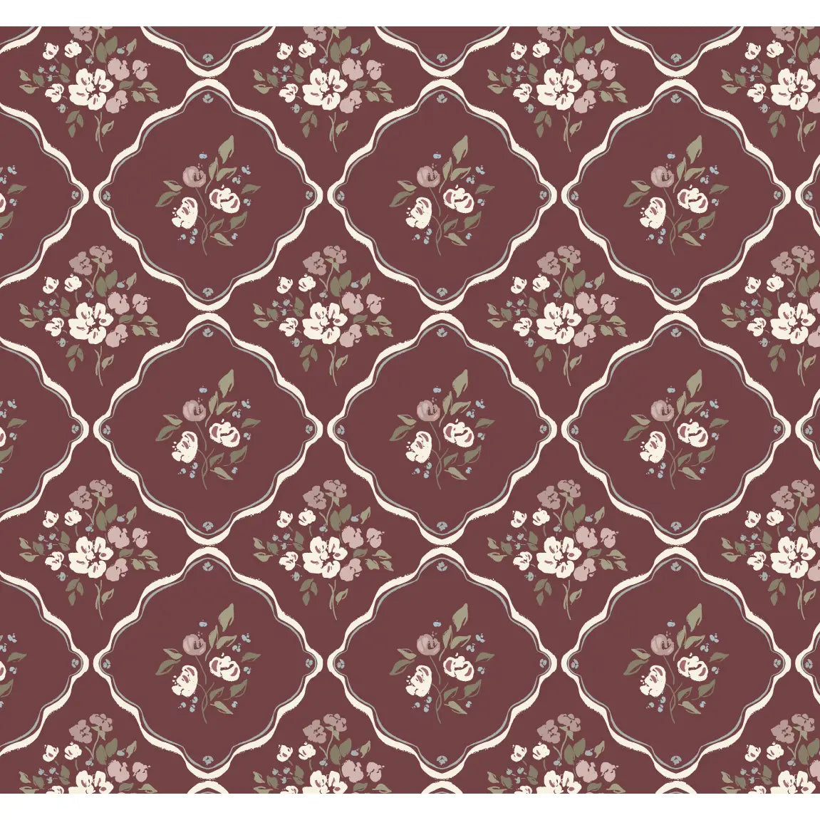 Nina Wallpaper - Flowers in Cottage Diamonds - by Ali Anni - Sample 1 foot by 1 foot / Burgundy - Loomwell Home Goods