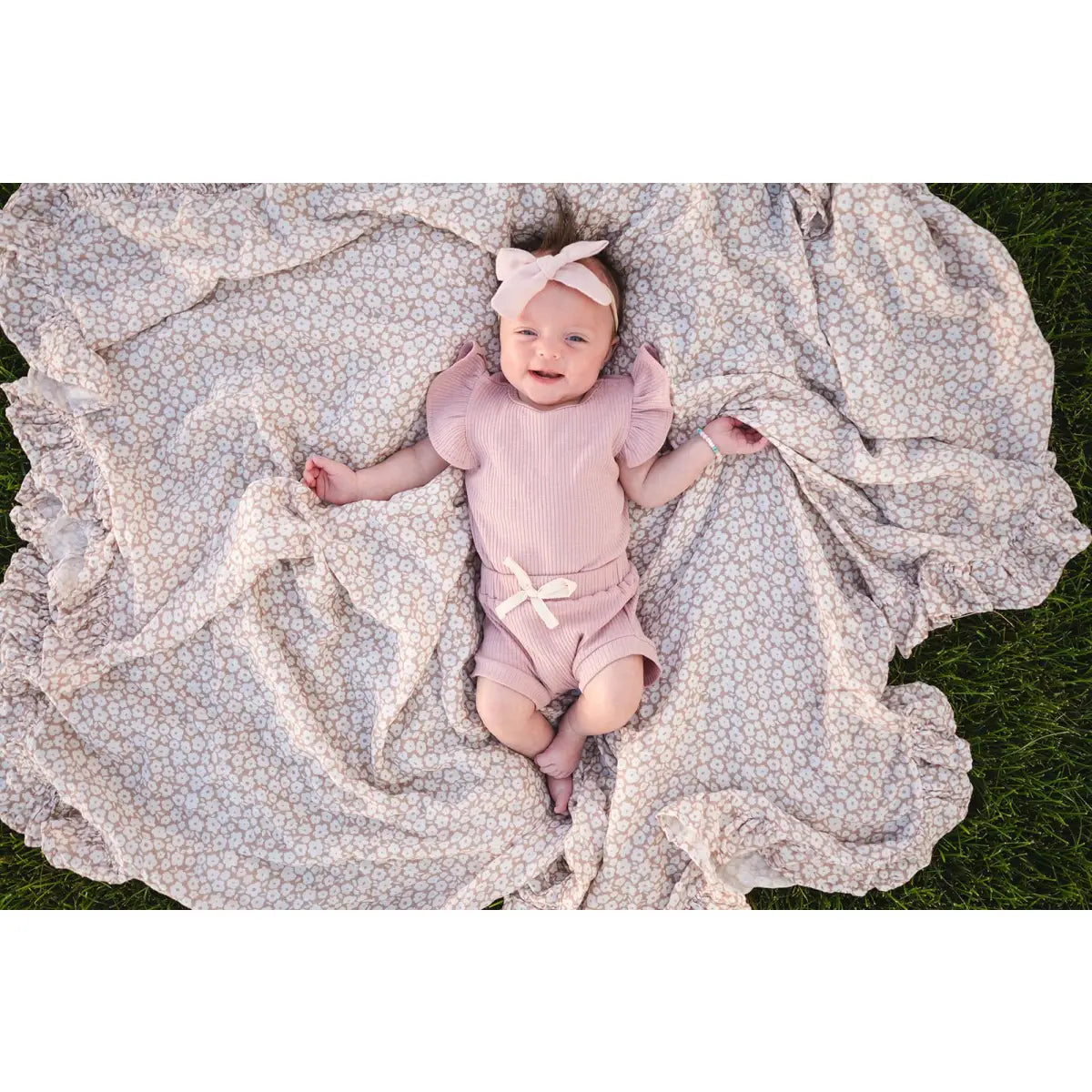 Organic Muslin Swaddle Blanket - Mocha Ditsy Floral Ruffle - Harp Angel Boutique