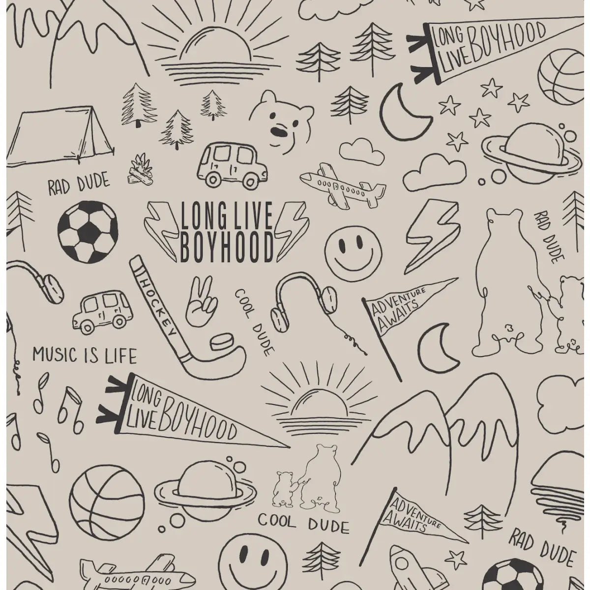 Ozzy Wallpaper - Cool Boy Things - Line Drawings by Sabina Maria - Sample 1 foot by 1 foot / Beige and Black - Loomwell