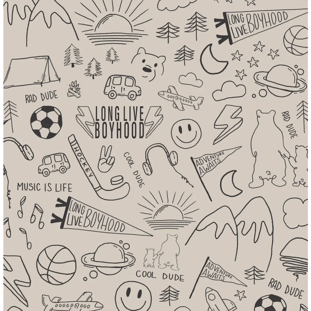 Ozzy Wallpaper - Cool Boy Things - Line Drawings by Sabina Maria - Sample 1 foot by 1 foot / Beige and Black - Loomwell