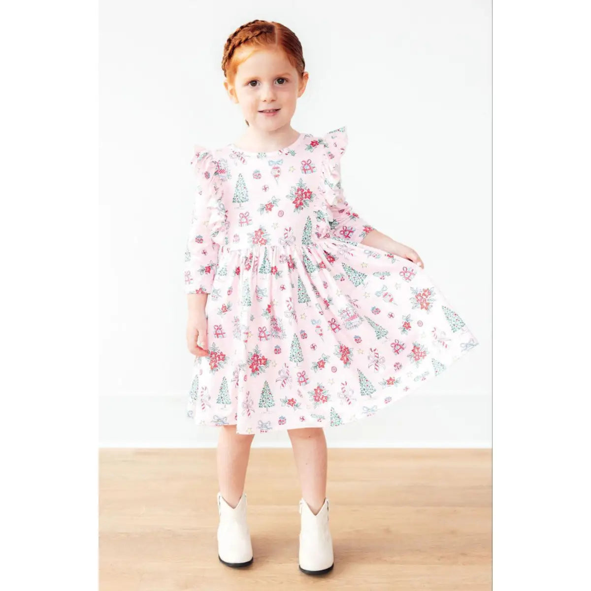 Pink Christmas 3/4 Sleeve Ruffle Twirl Dress - Mila & Rose ®