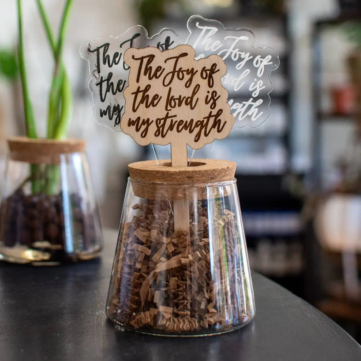 Plant Stake - The Joy of the Lord - Clear Acrylic / Frosted Engraving - Still Magnolia