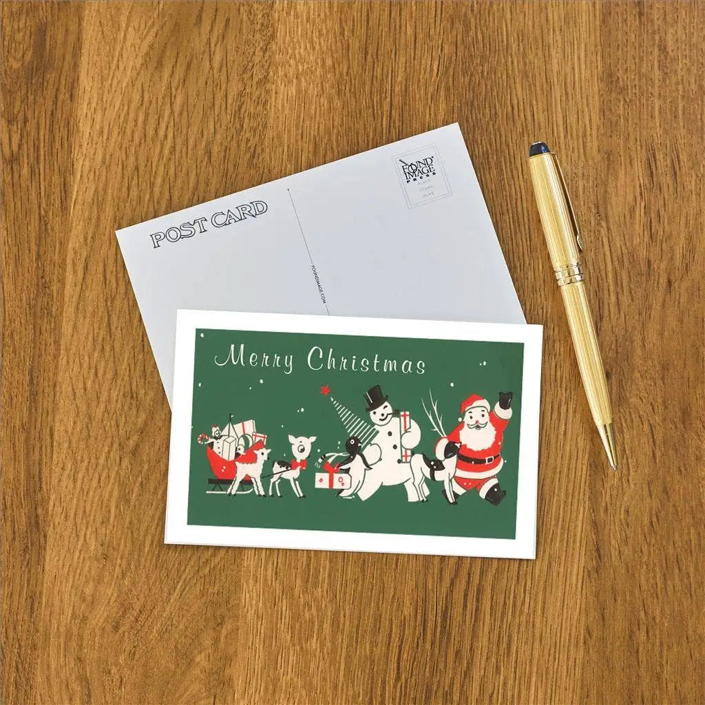 Vintage Christmas Postcard - Retro Santa and Snowman - Found Image Press