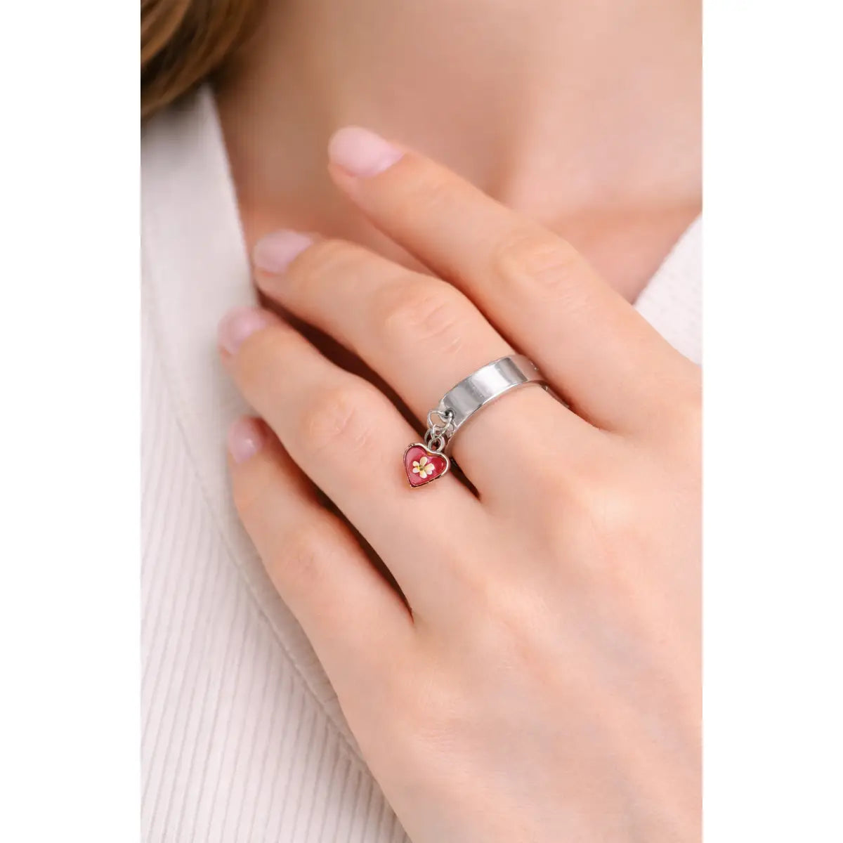 Cuff Charm Ring - Red Heart with Pressed Flower - Red - My Beverly Jewelry