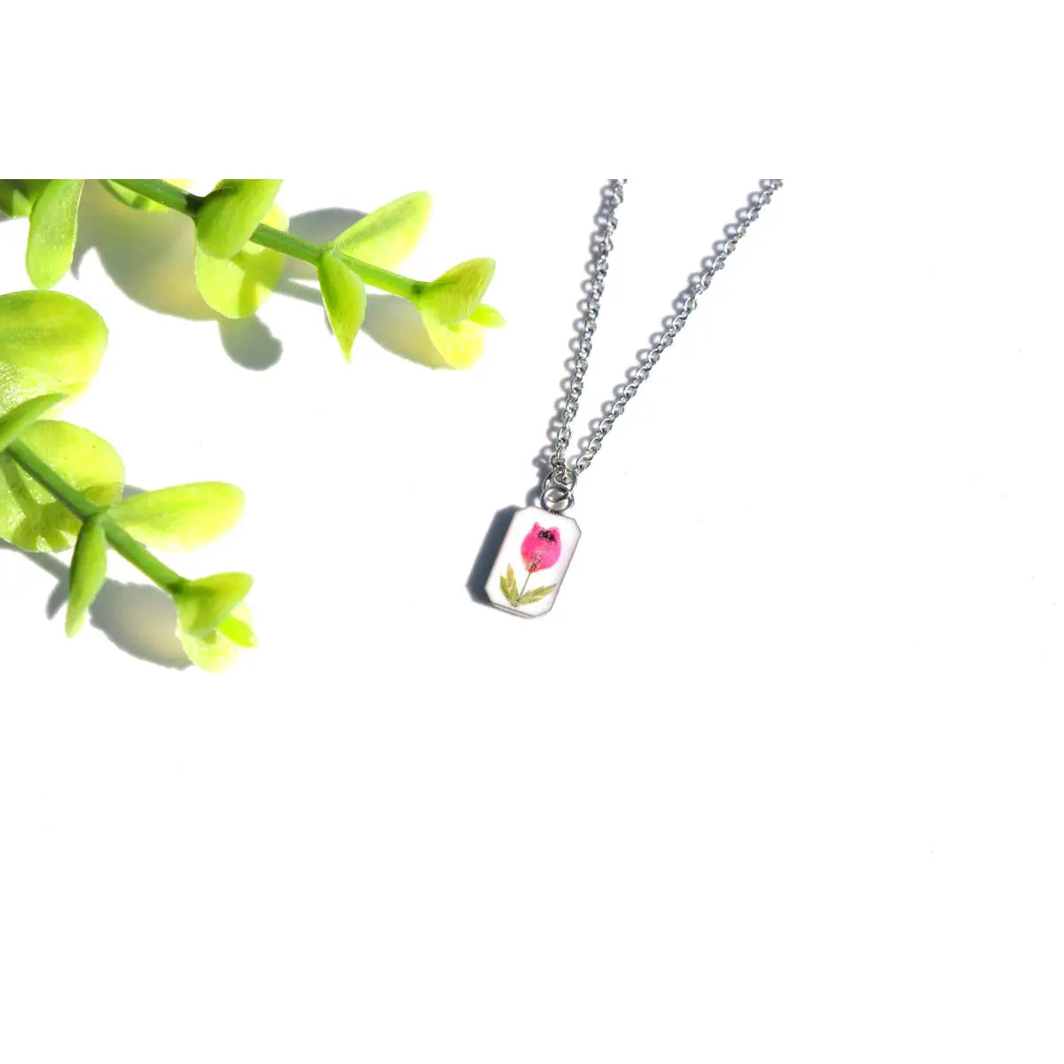 Pressed Flower Necklace - Tiny Rectangle with Pink Heather - White - My Beverly Jewelry