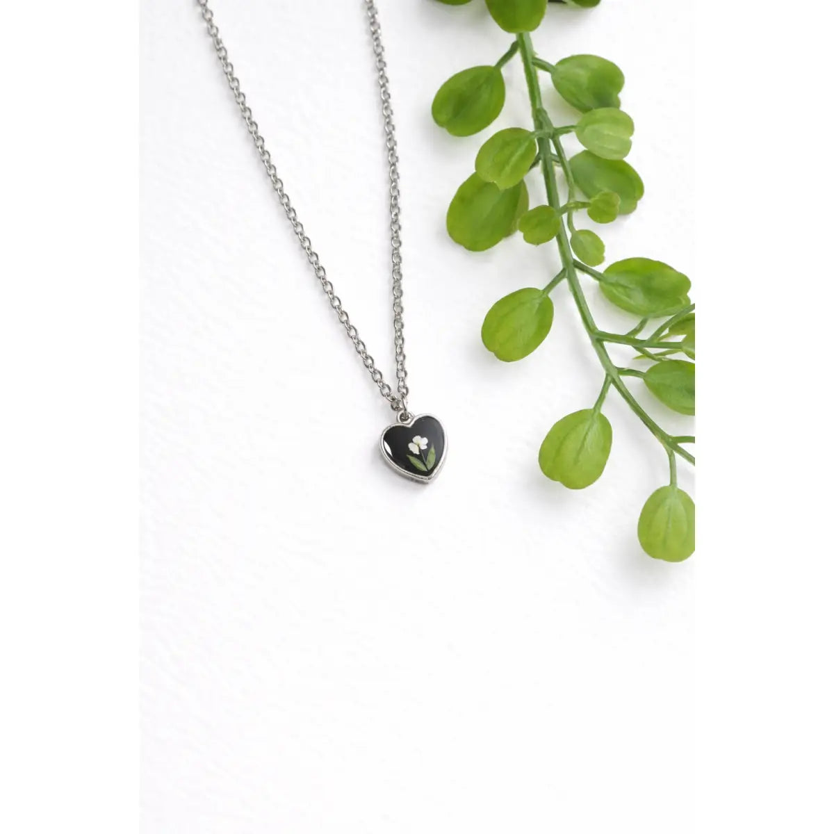 Silver Heart Necklace - Tiny Pressed Flower - Black - My Beverly Jewelry