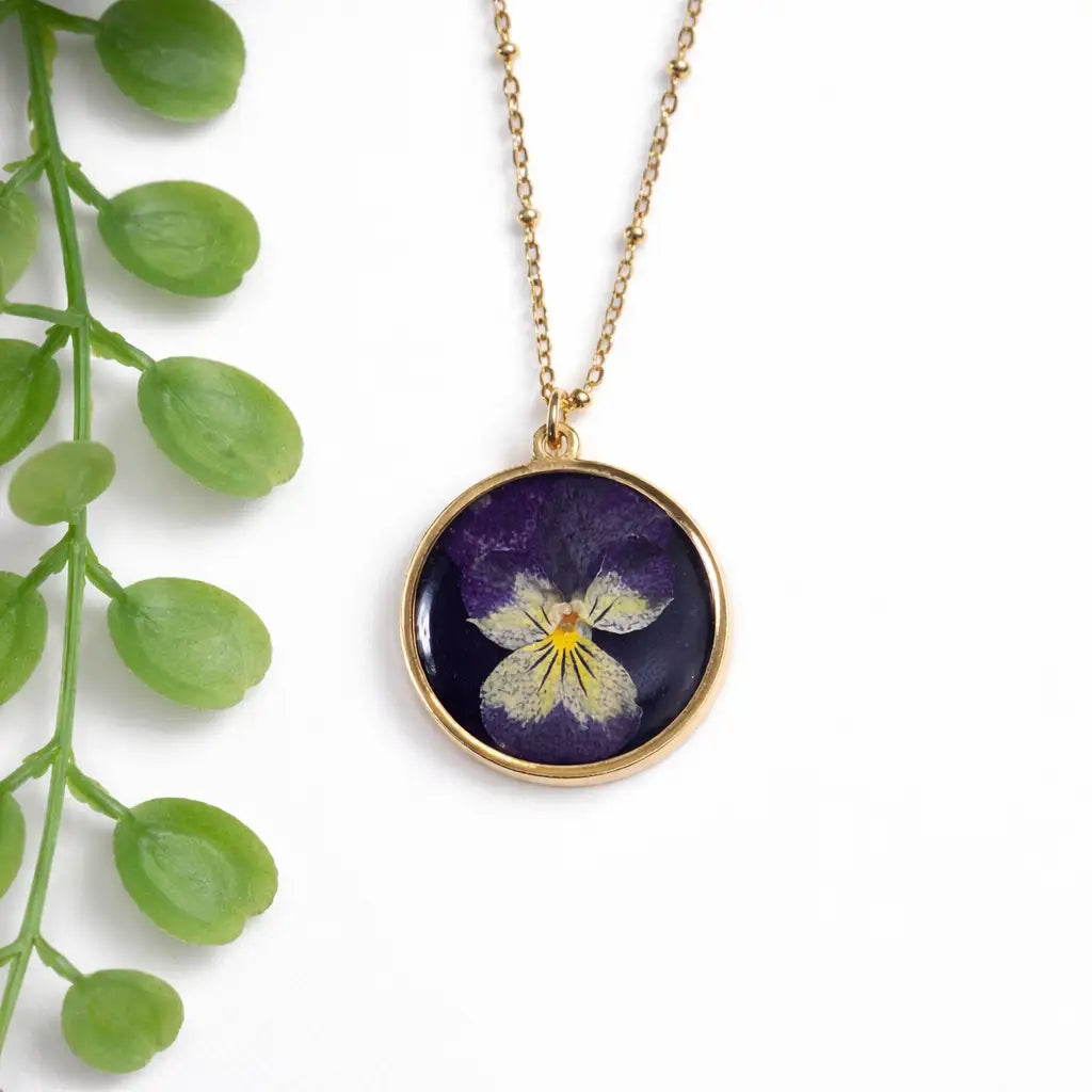Pressed Flower Necklace - Viola - Purple / Gold Plated - My Beverly Jewelry