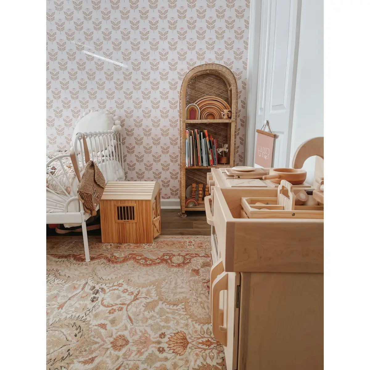 Prue Wallpaper - Pink Green Traditional Flower Block Print - Loomwell Home Goods