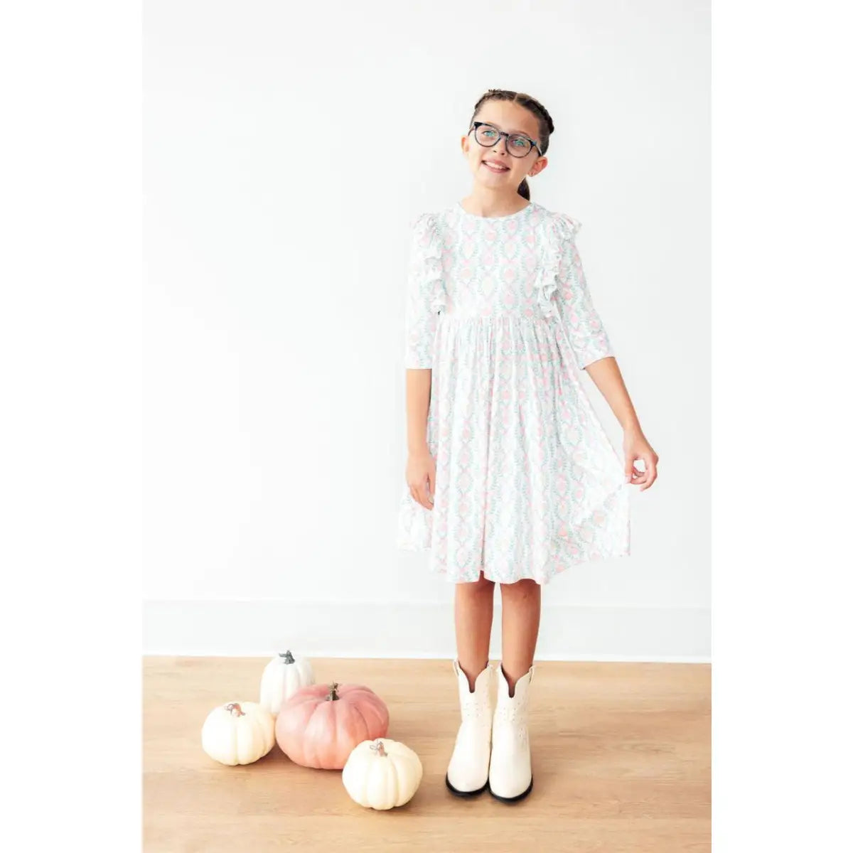 Pumpkin Kisses Harvest Wishes 3/4 Sleeve Ruffle Twirl Dress - Mila & Rose ®