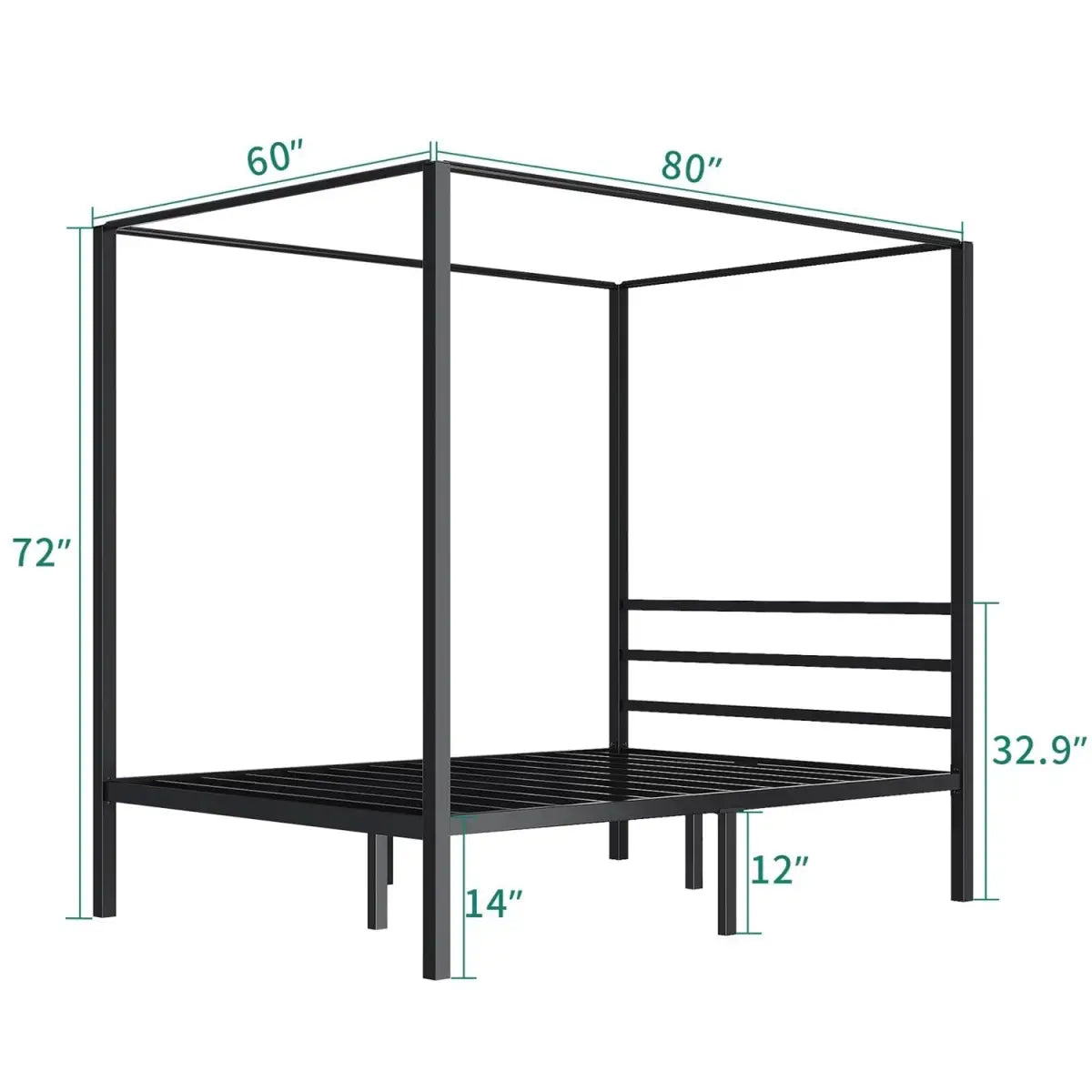 Queen size Modern Four Poster Metal Canopy Bed in Black Finish - HomePacific