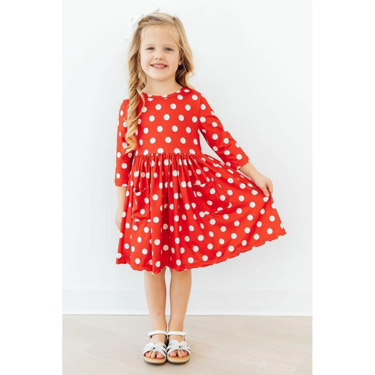 Pocket Twirl Dress - Red Polka Dots 3/4 Sleeve - Mila & Rose ®