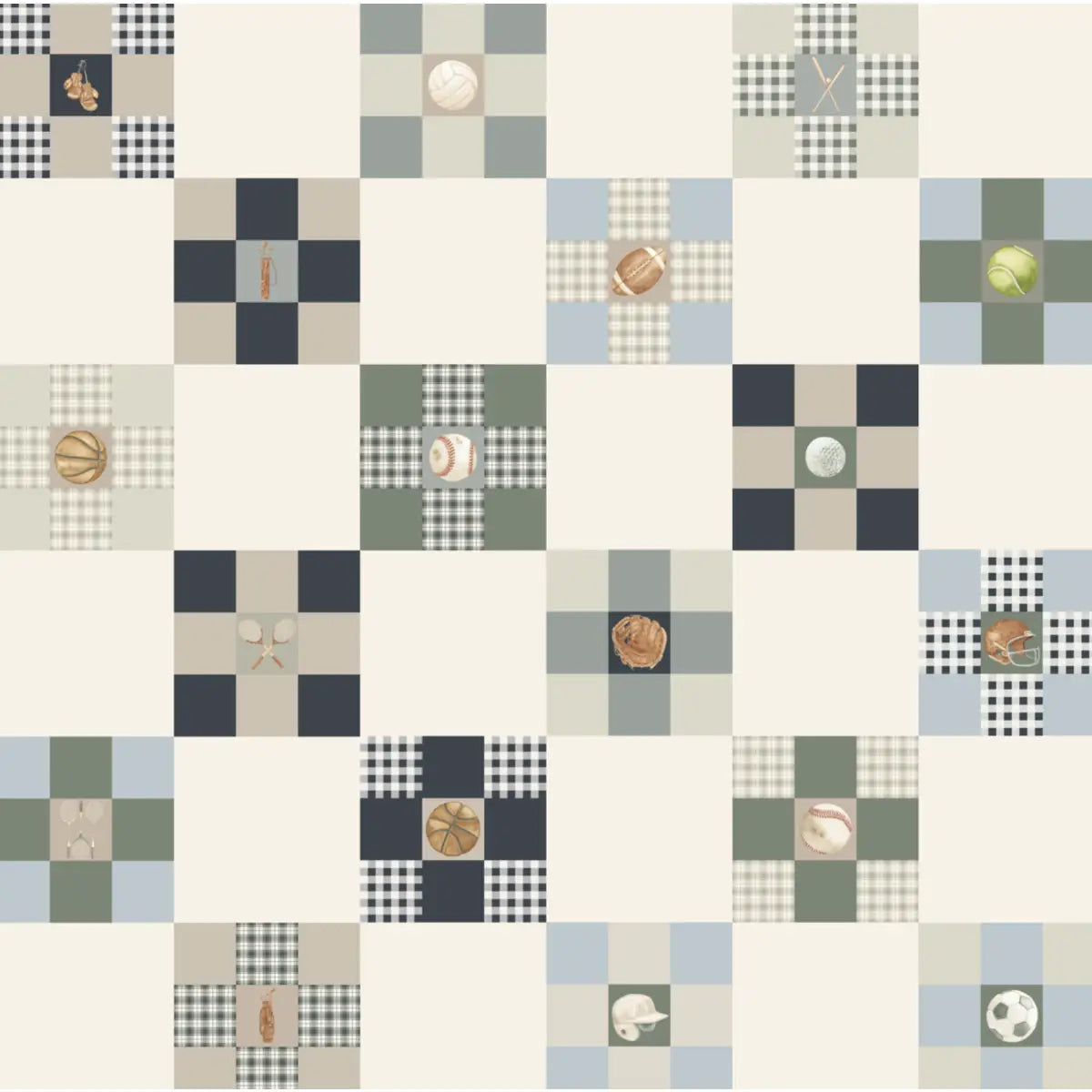 Rhett Wallpaper - Sports 9 Patch Quilt Blocks for Kids - by Hailey Kiefer Designs - Sample 1 foot by 1 foot / Neutral