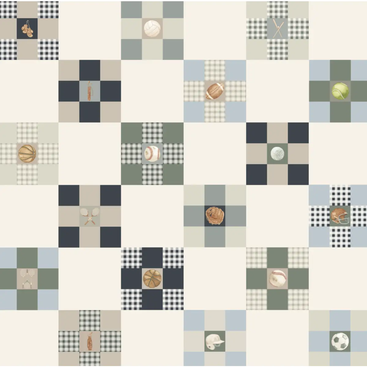 Rhett Wallpaper - Sports 9 Patch Quilt Blocks for Kids - by Hailey Kiefer Designs - Sample 1 foot by 1 foot / Neutral