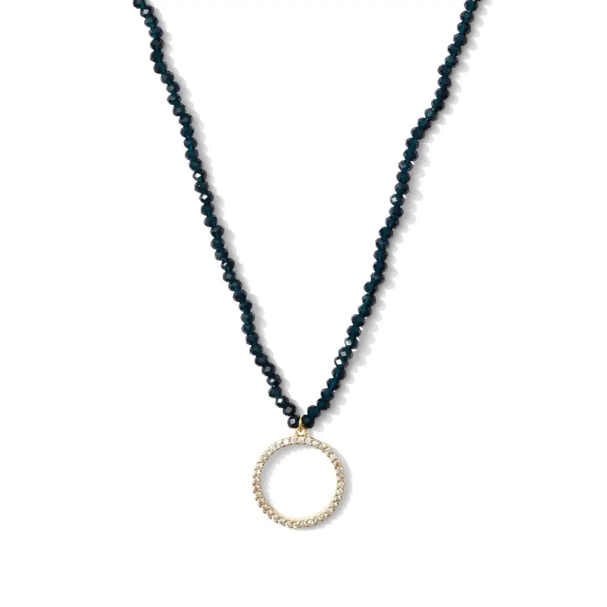Navy Beaded Necklace with Open Pave CZ Circle - Splendid Iris