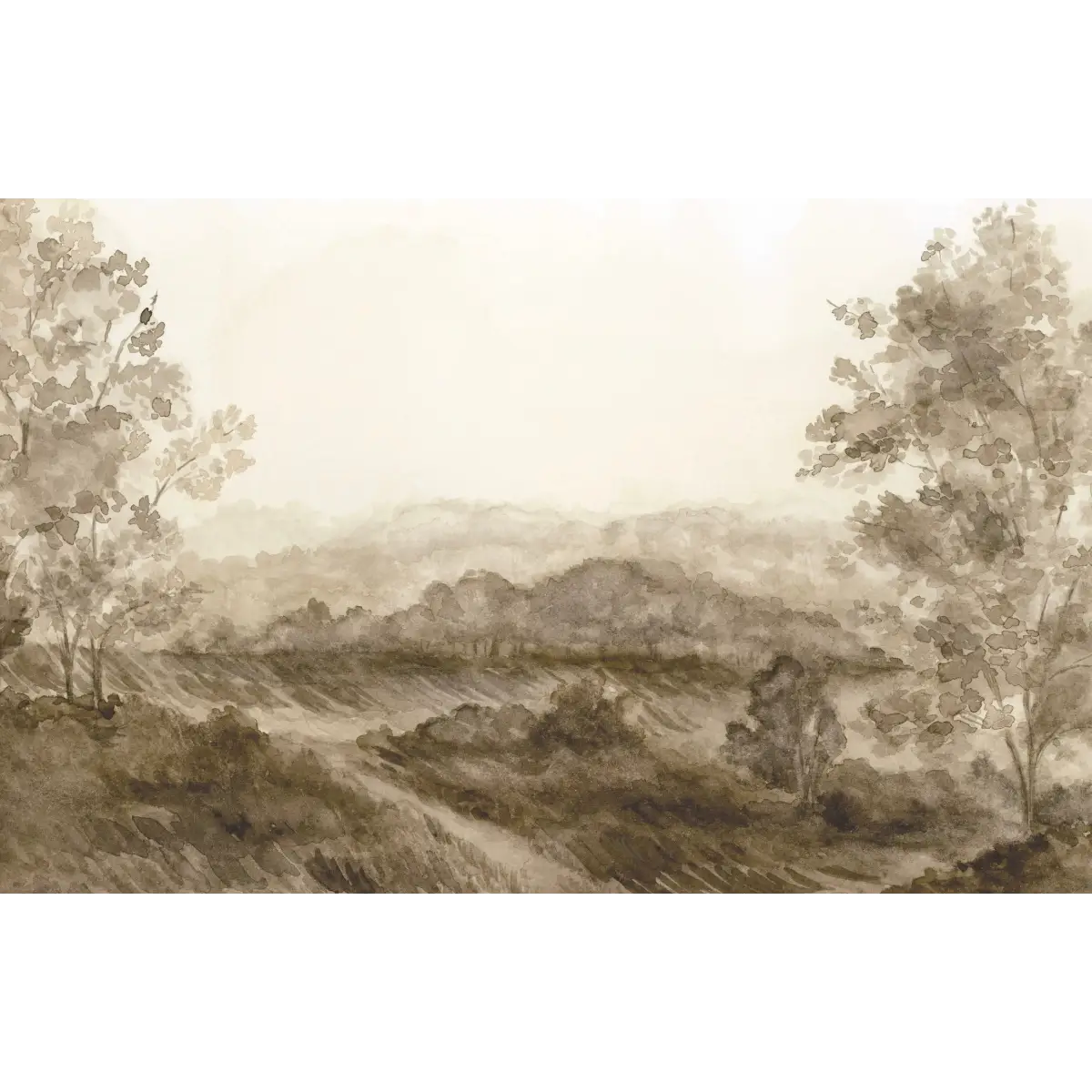 Somerset Fields Wallpaper - Gray Watercolor Trees - by Safari Natalia x Taddy Mikelaites - Sample 1 foot by 1 foot
