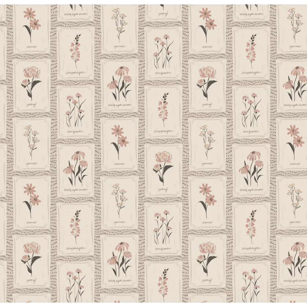 Susan Wallpaper - Flower Seed Packets - by Hearten Design - Sample 1 foot by 1 foot / Neutral - Loomwell Home Goods
