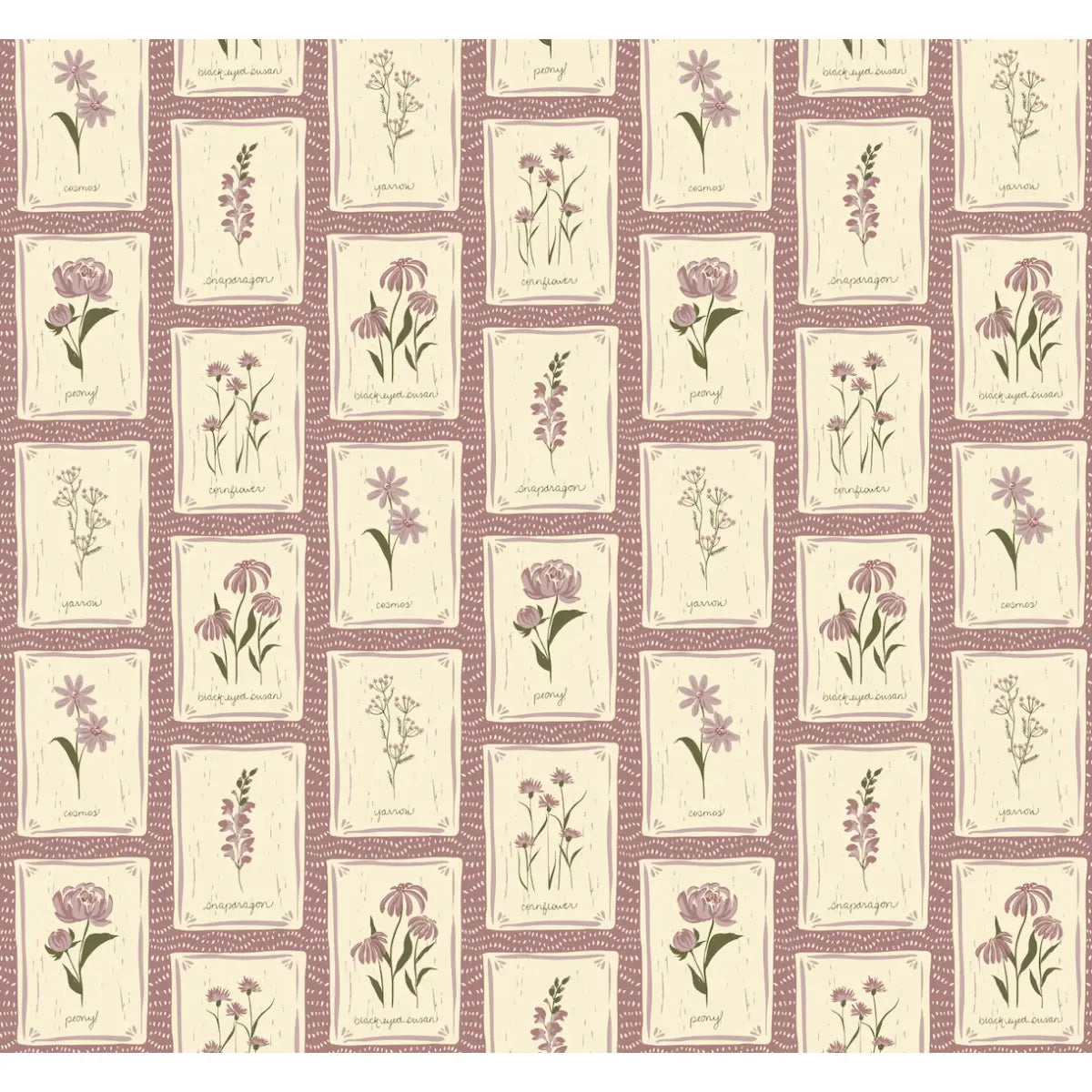 Susan Wallpaper - Flower Seed Packets - by Hearten Design - Sample 1 foot by 1 foot / Plum - Loomwell Home Goods