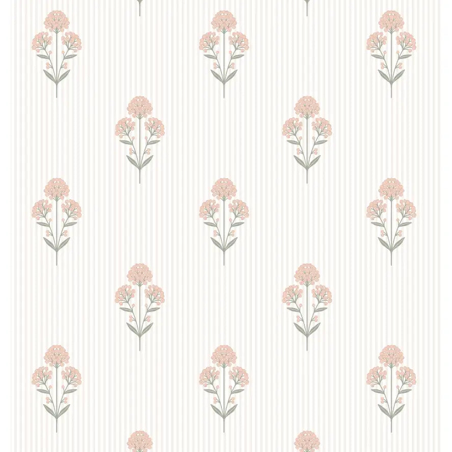 Susannah French Bouquet Wallpaper - Block Print on Mini Stripe - by Kourtni Gunn - Sample 1 foot by 1 foot / Blush