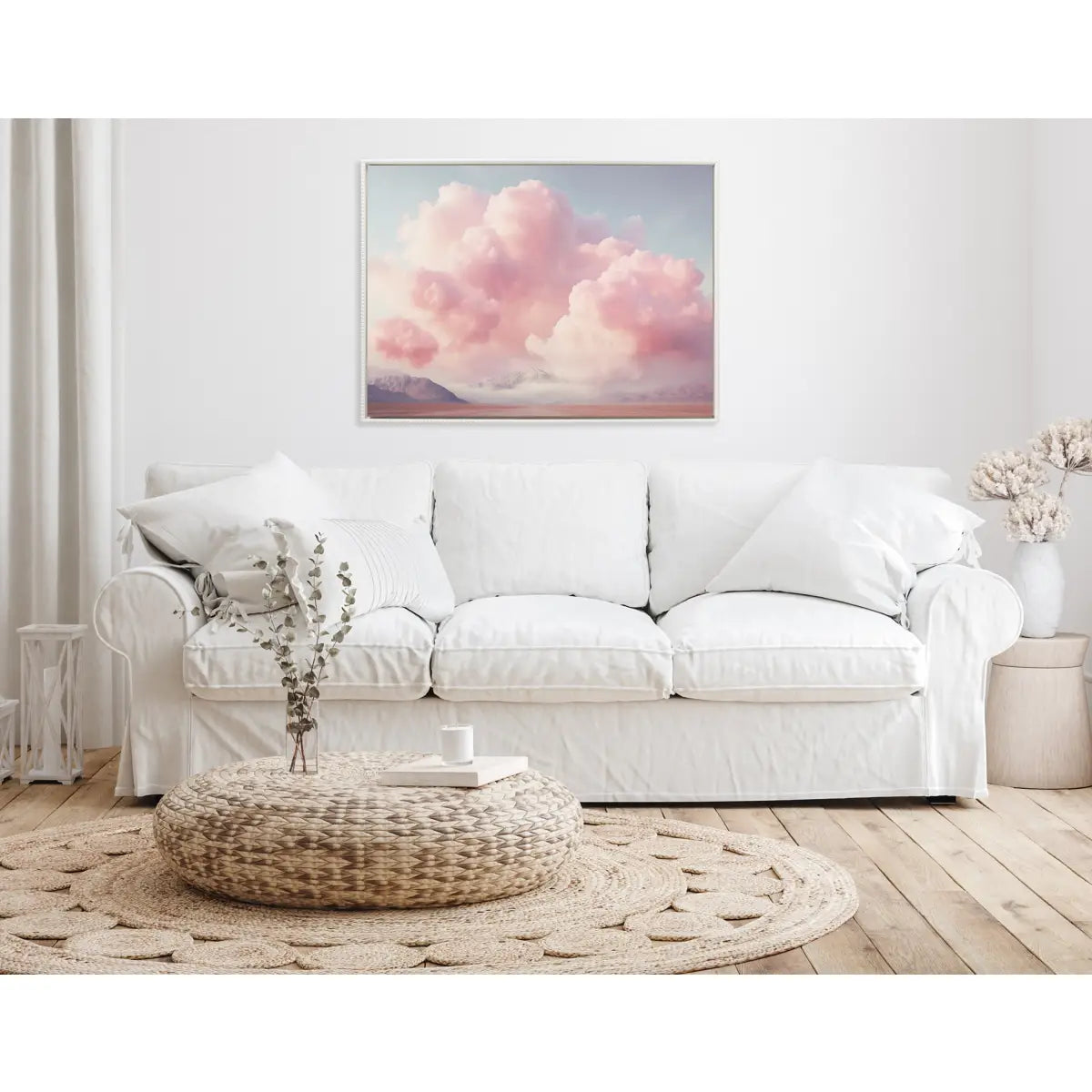 Framed Canvas Art - Vintage Pink Clouds Mountain Landscape - kateandlaurel