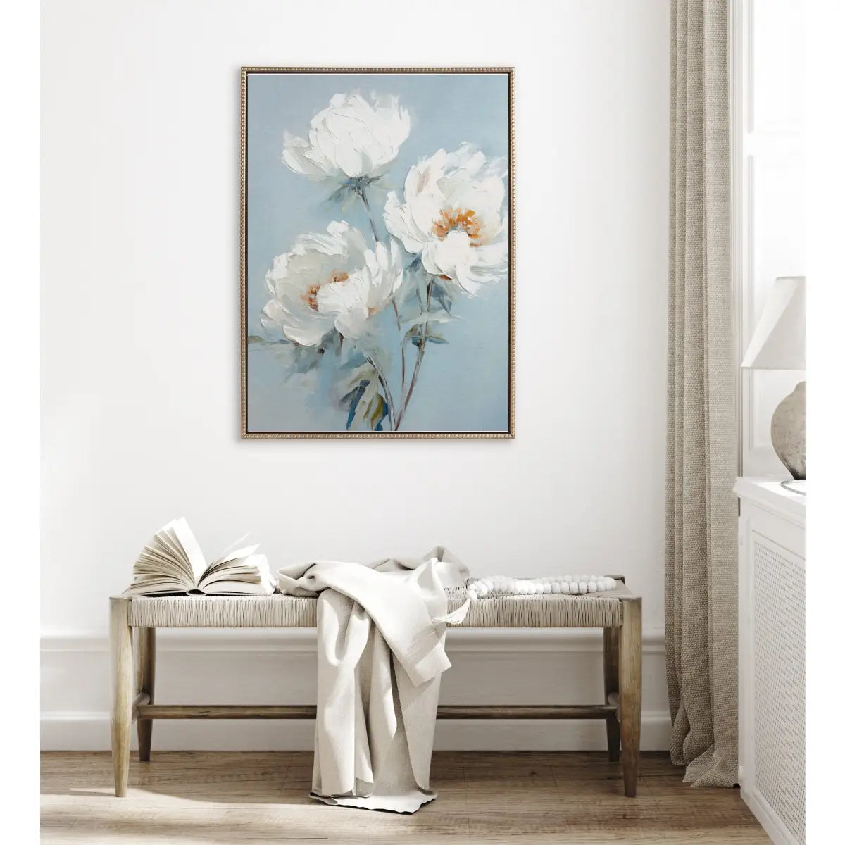 Framed Canvas - Beaded White Peonies on Ocean Blue - kateandlaurel