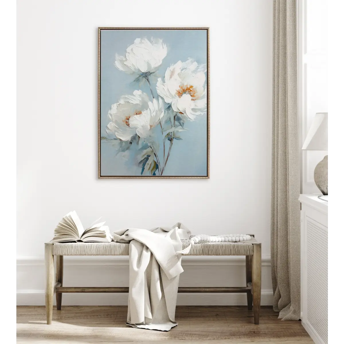 Framed Canvas - Beaded White Peonies on Ocean Blue - kateandlaurel