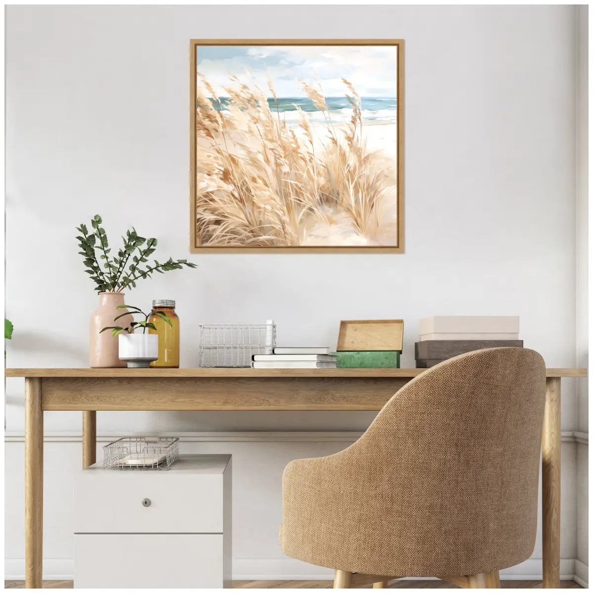 Framed Canvas Art - Beige Beach Grass Near Tranquil Beach - kateandlaurel