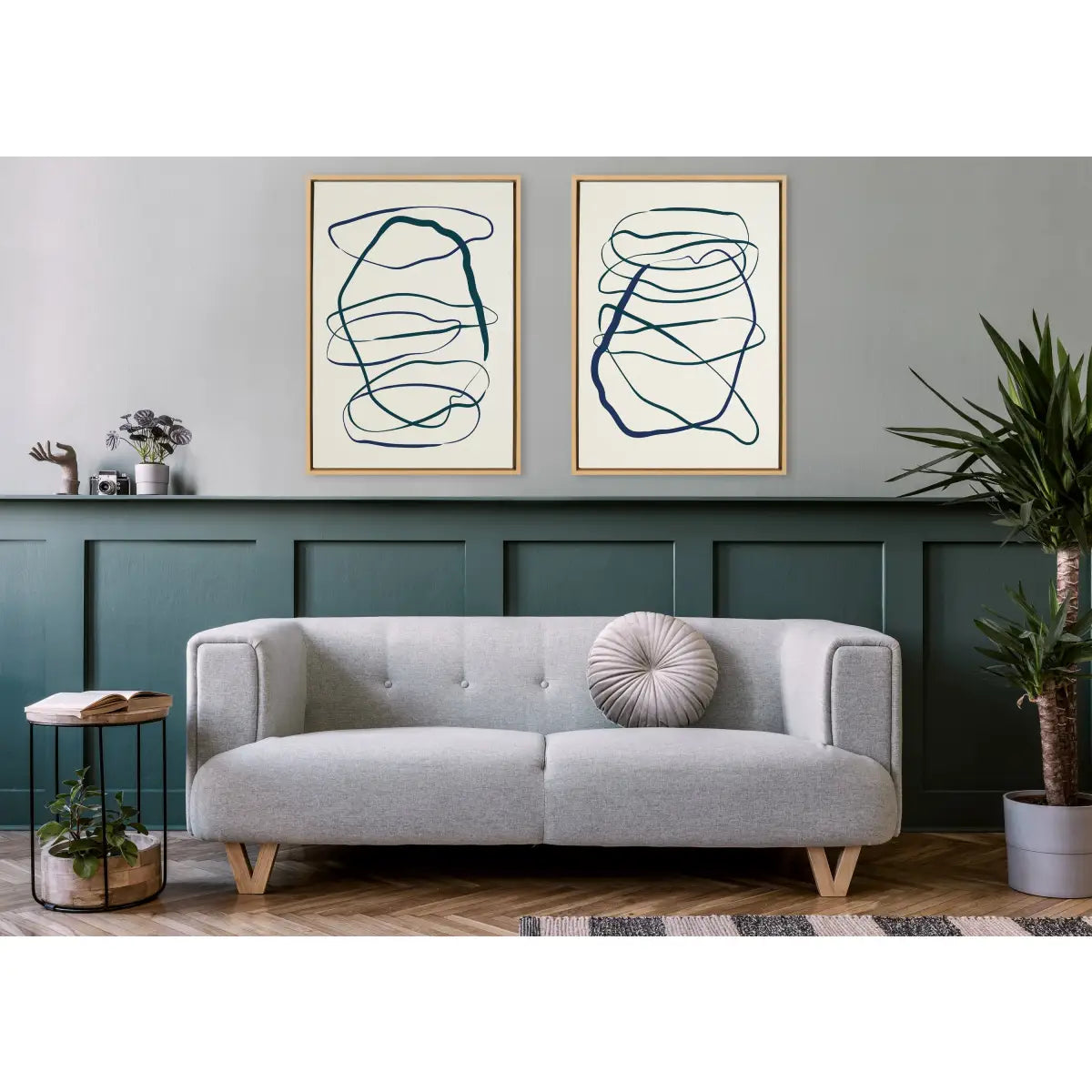 Framed Canvas Art Set - Blue and Green Expressive Abstract 1 and 2 - Natural / 2 Piece Set 23x33 - kateandlaurel