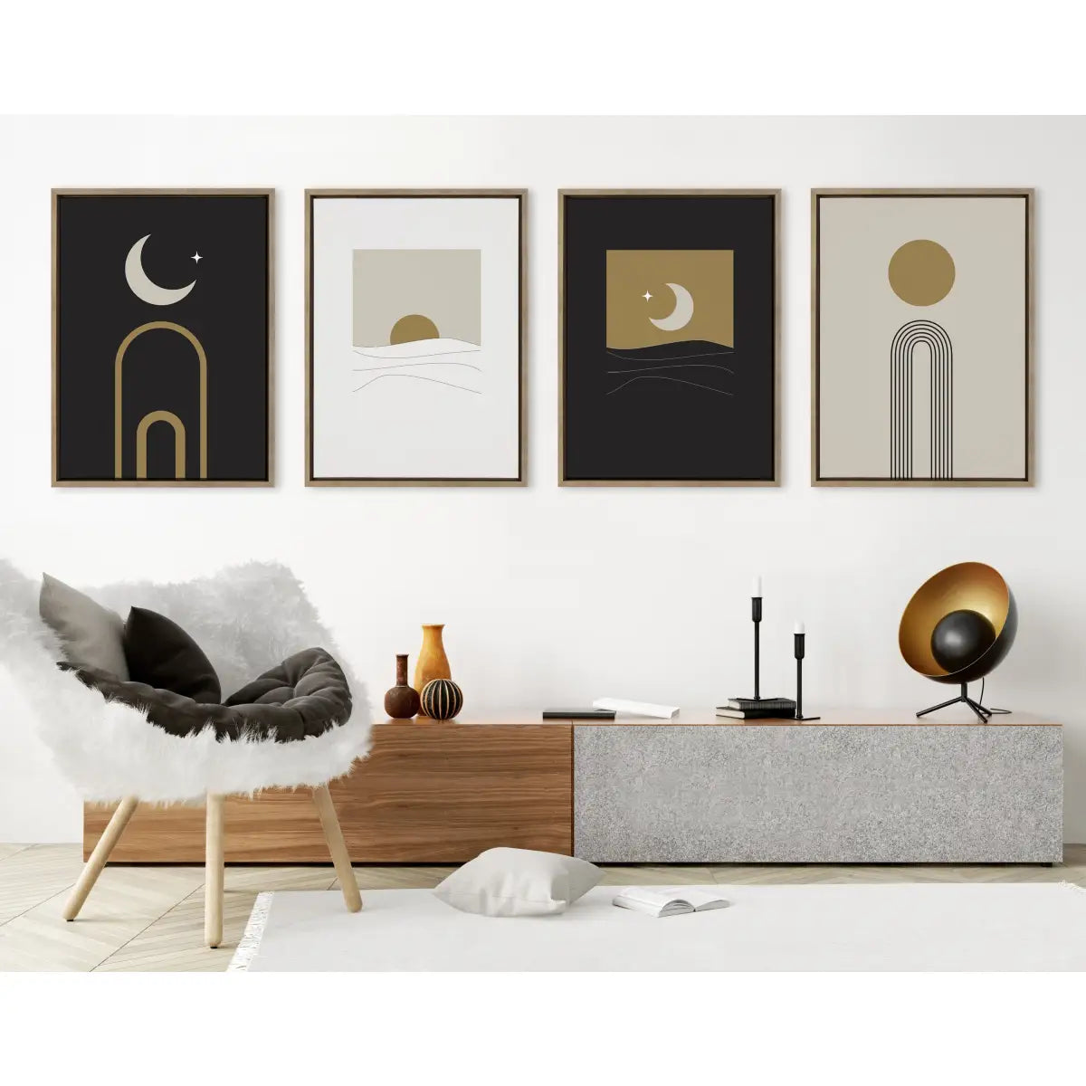 Boho Minimalist Sunrise Rainbow and Moon Arches Framed Canvas Art Set - Gold / 2 Piece Set 18x24 - kateandlaurel