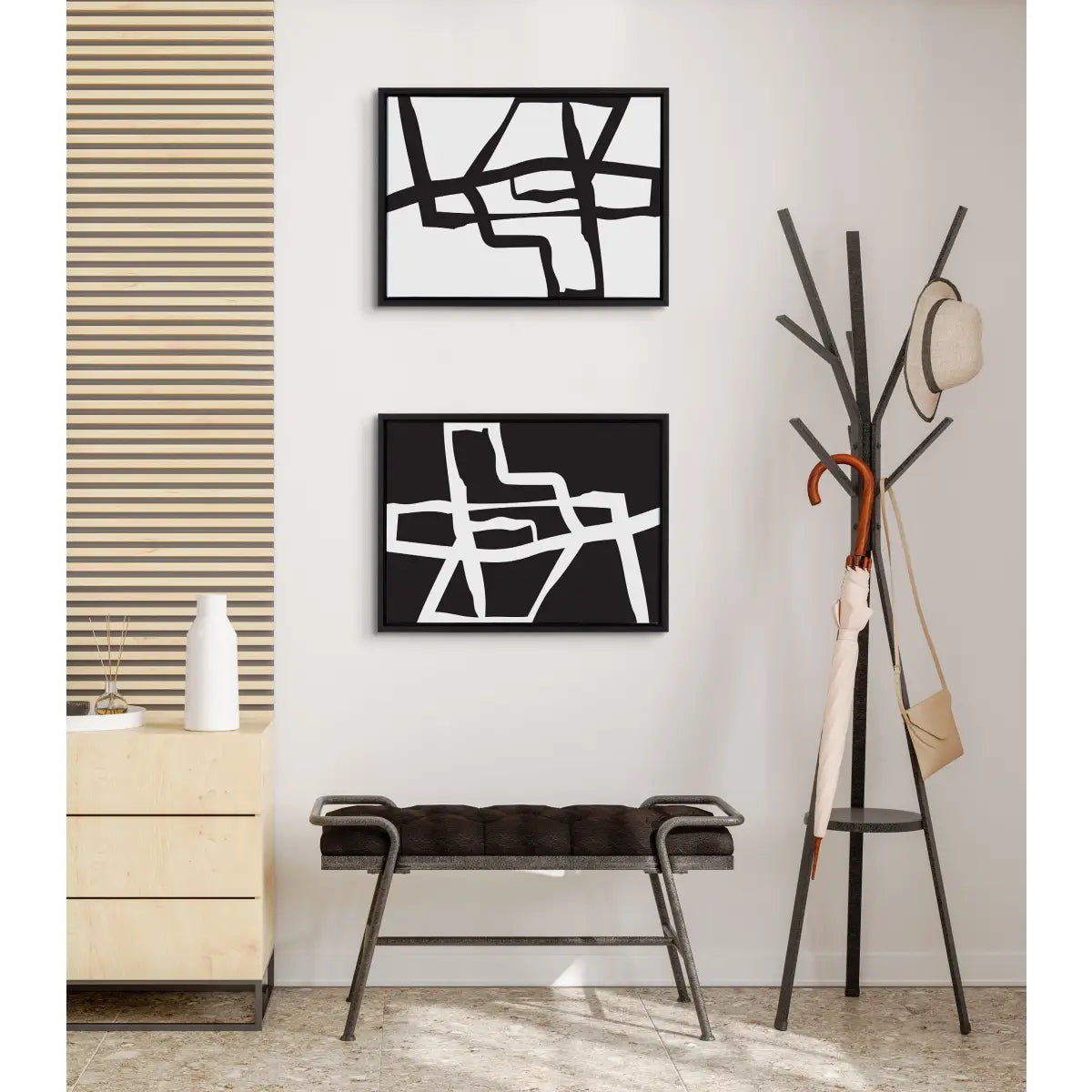 Bold Abstract Black and White Stroke Framed Canvas Art Set - Black / 2 Piece Set 18x24 - kateandlaurel