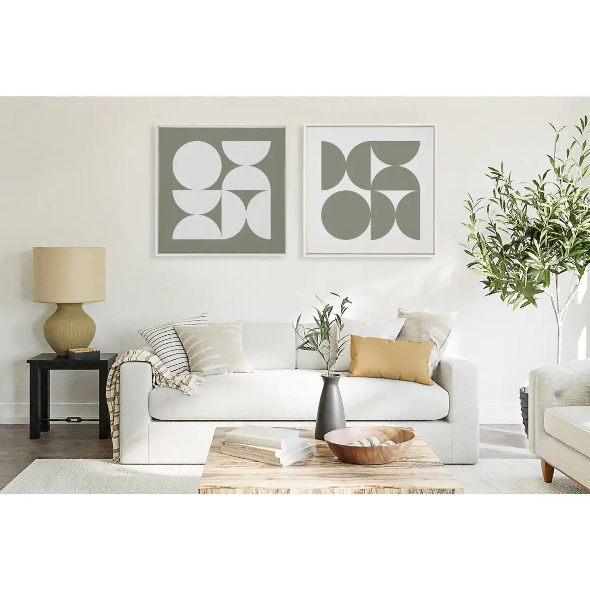 Framed Canvas - Bold Vintage Geometric Soft White on Sage Green - White / 30x30 - kateandlaurel