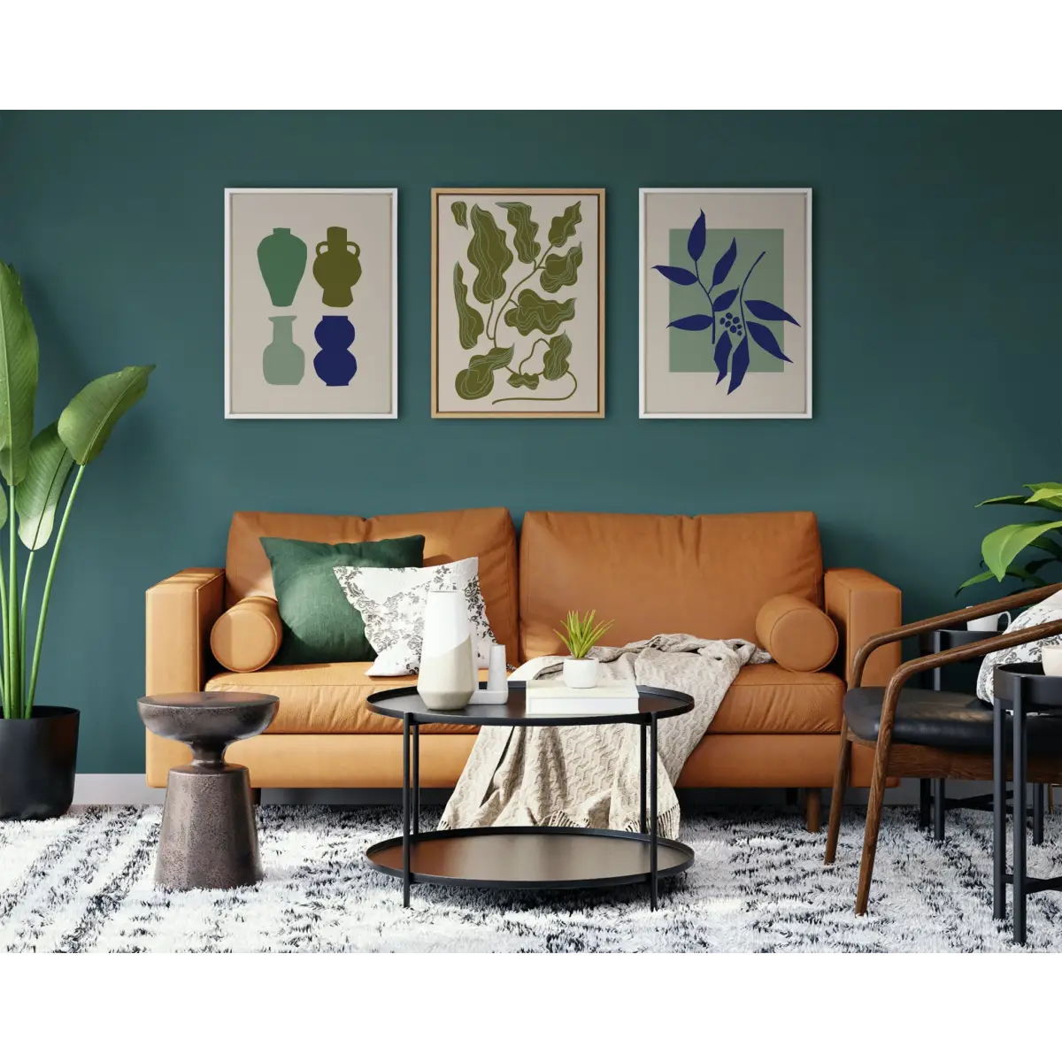 Framed Canvas Art - Colorful Retro Botanical Green and Blue - White / 18x24 - kateandlaurel