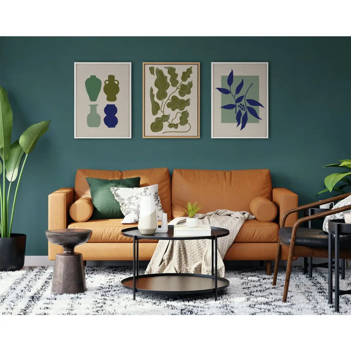 Framed Canvas Art - Colorful Retro Botanical Green and Blue - White / 18x24 - kateandlaurel