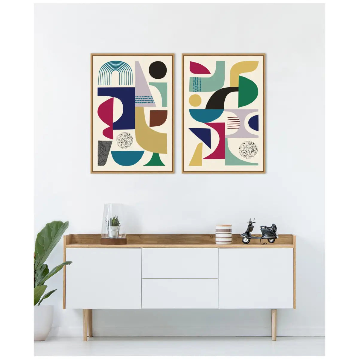 Canvas Art Print Set of 2 - MCM Retro Abstract Pattern Rainbow - kateandlaurel