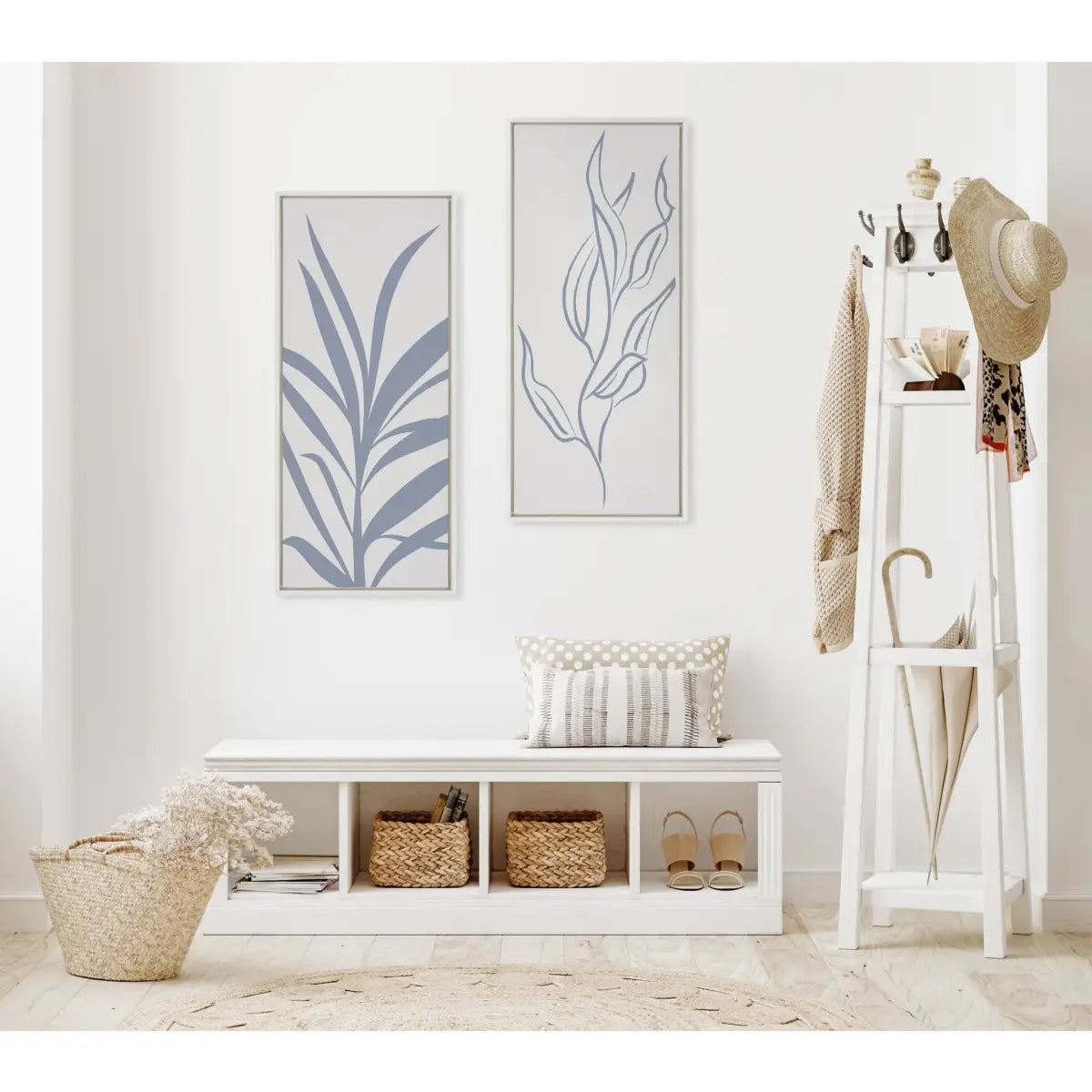 Framed Canvas - Mid Century Retro Jungle Botanical Light Blue - White / 18x40 - kateandlaurel