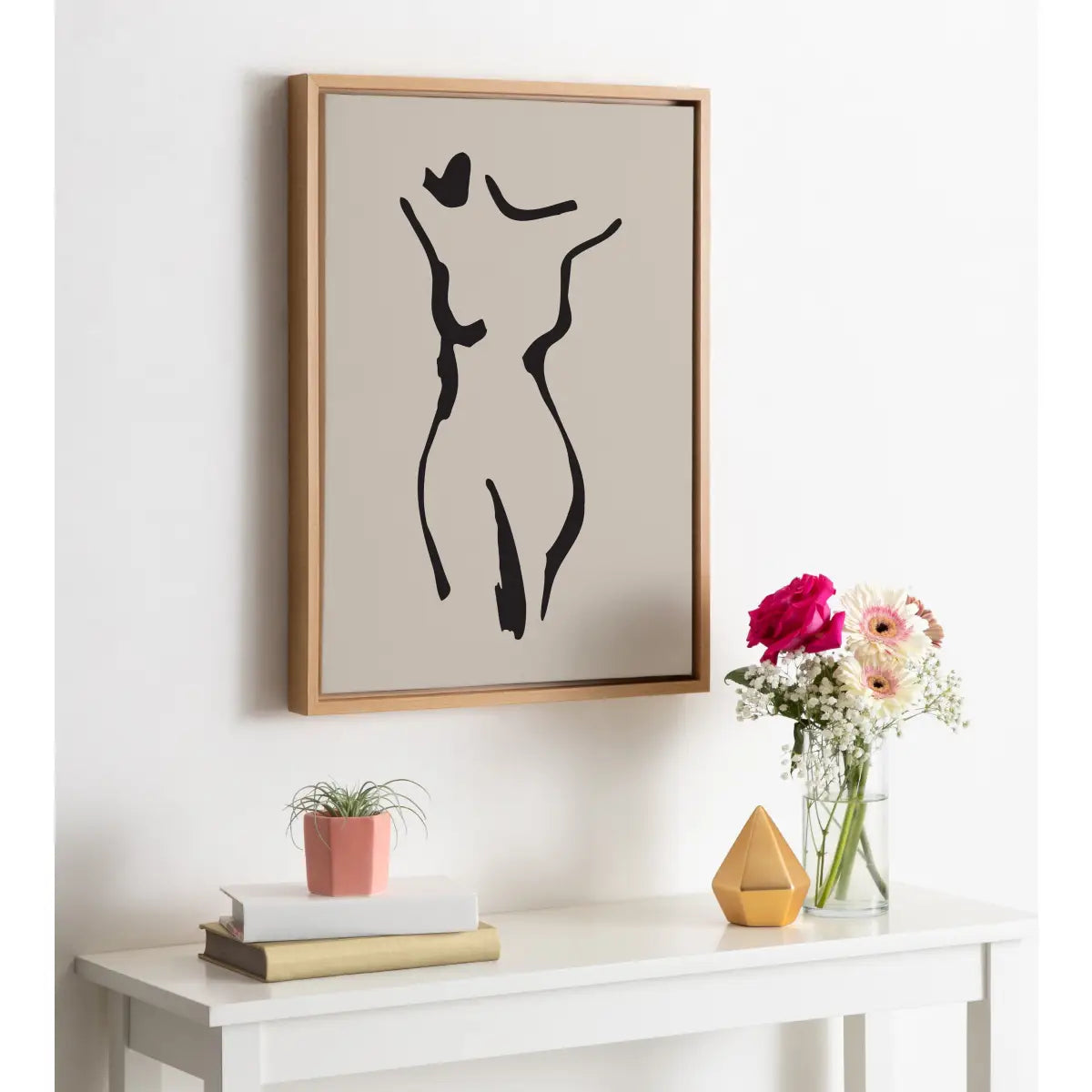Framed Canvas Art - Minimalist Neutral Line Art Nude Drawing Body - Natural / 18x24 - kateandlaurel