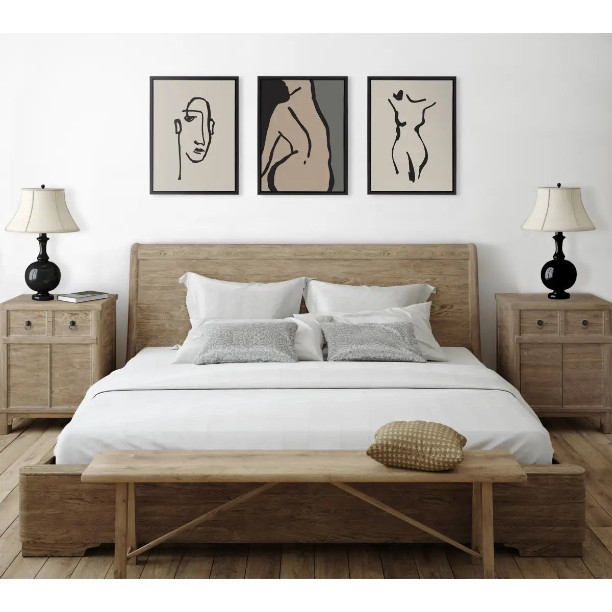 Minimalist Neutral Line Art Drawing Face and Body Framed Canvas Art Set - kateandlaurel