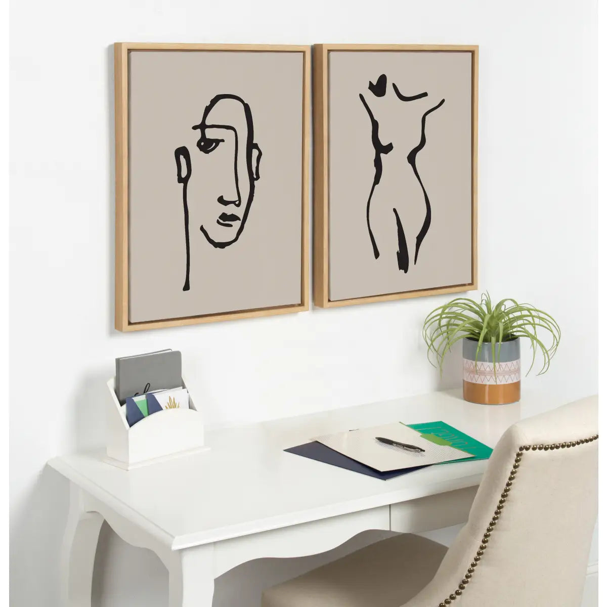 Framed Canvas Art - Minimalist Neutral Line Art Drawing Face - kateandlaurel