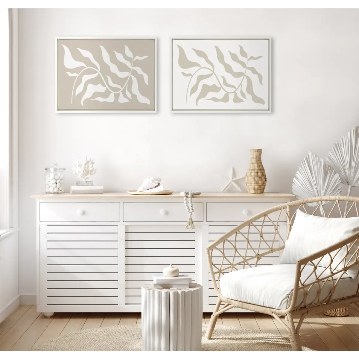 Framed Canvas - Modern Matisse Inspired Botanical White on Beige and Beige on White - White / 2 Piece 18x24