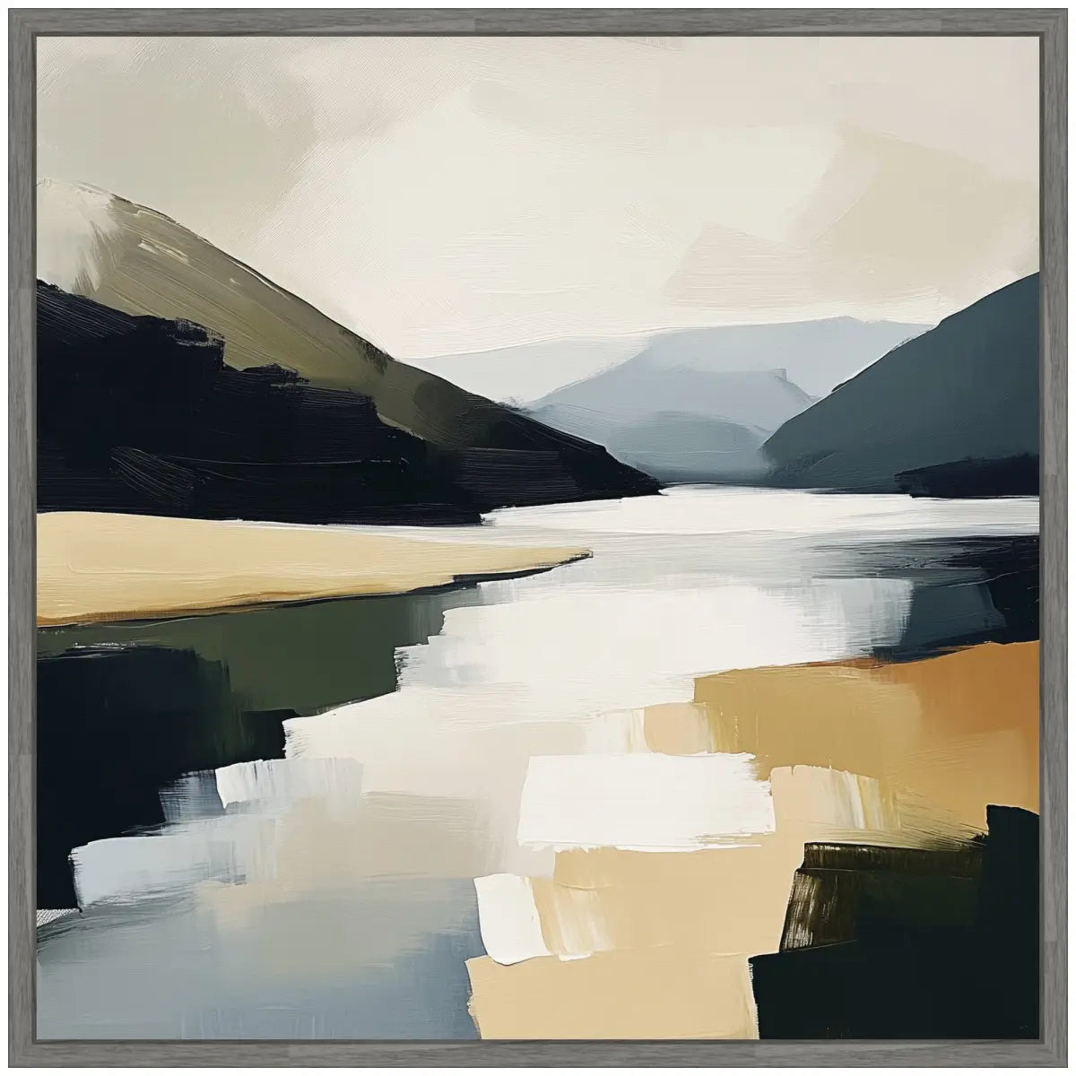 Framed Canvas Art - Mountain Lake Modern Abstract Landscape - kateandlaurel