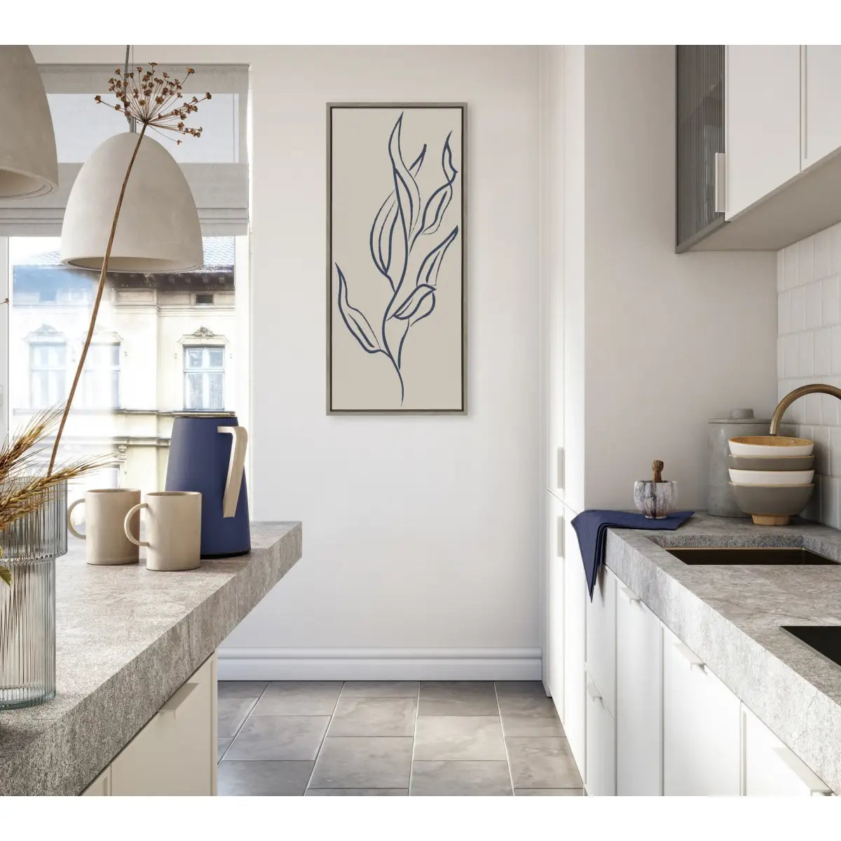 Muted Illustrated Botanical Dark Blue and Tan Framed Canvas - Gray / 18x40 - kateandlaurel
