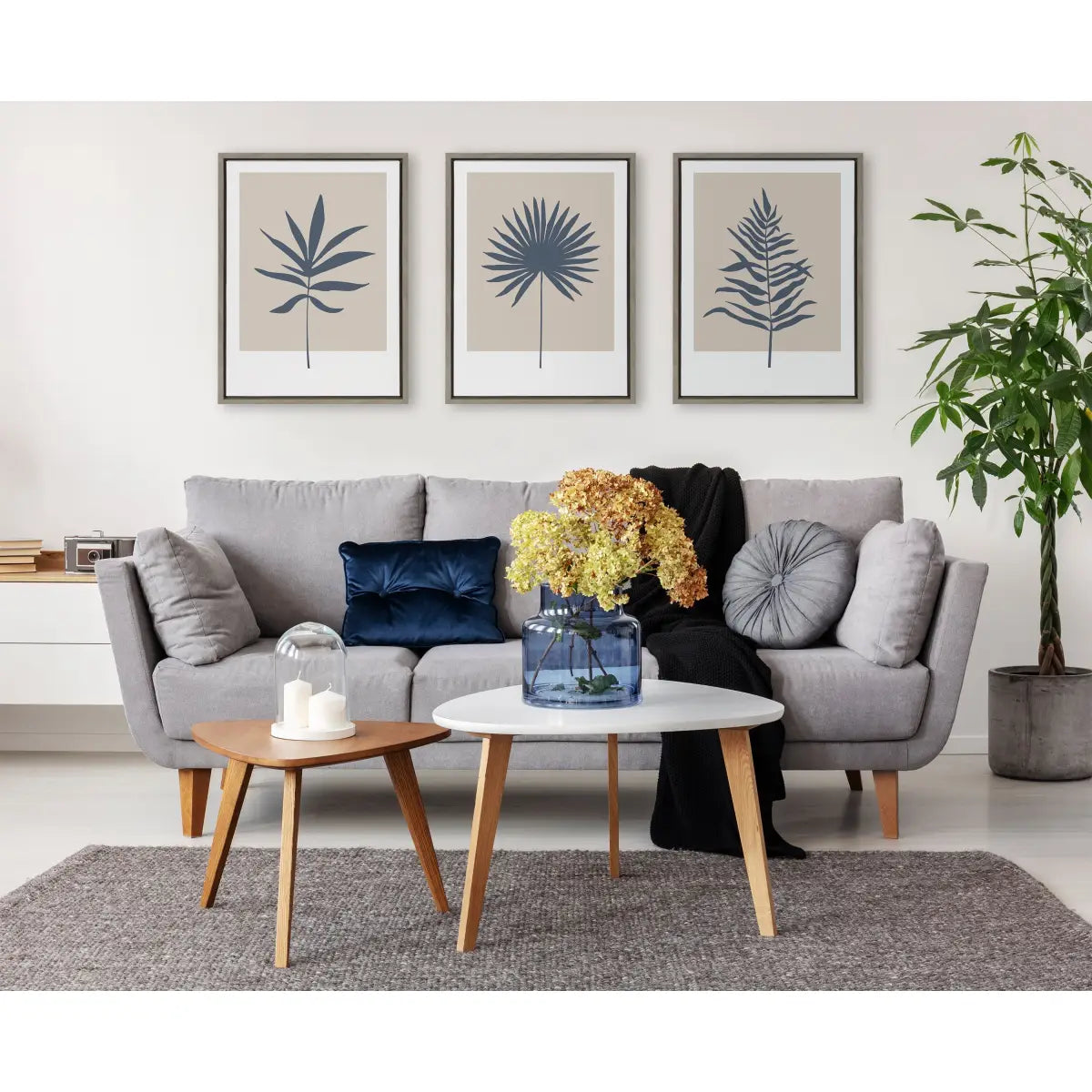 Framed Canvas Art - Muted Tan and Blue Color Block Botanical Leaf - kateandlaurel