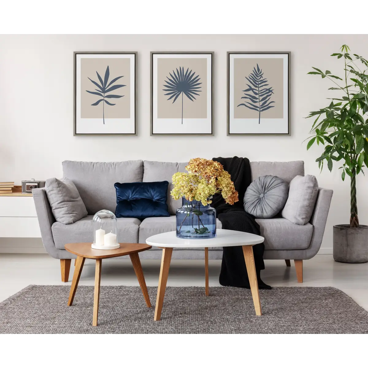 Framed Canvas Art - Muted Tan and Blue Color Block Botanical Leaf - kateandlaurel