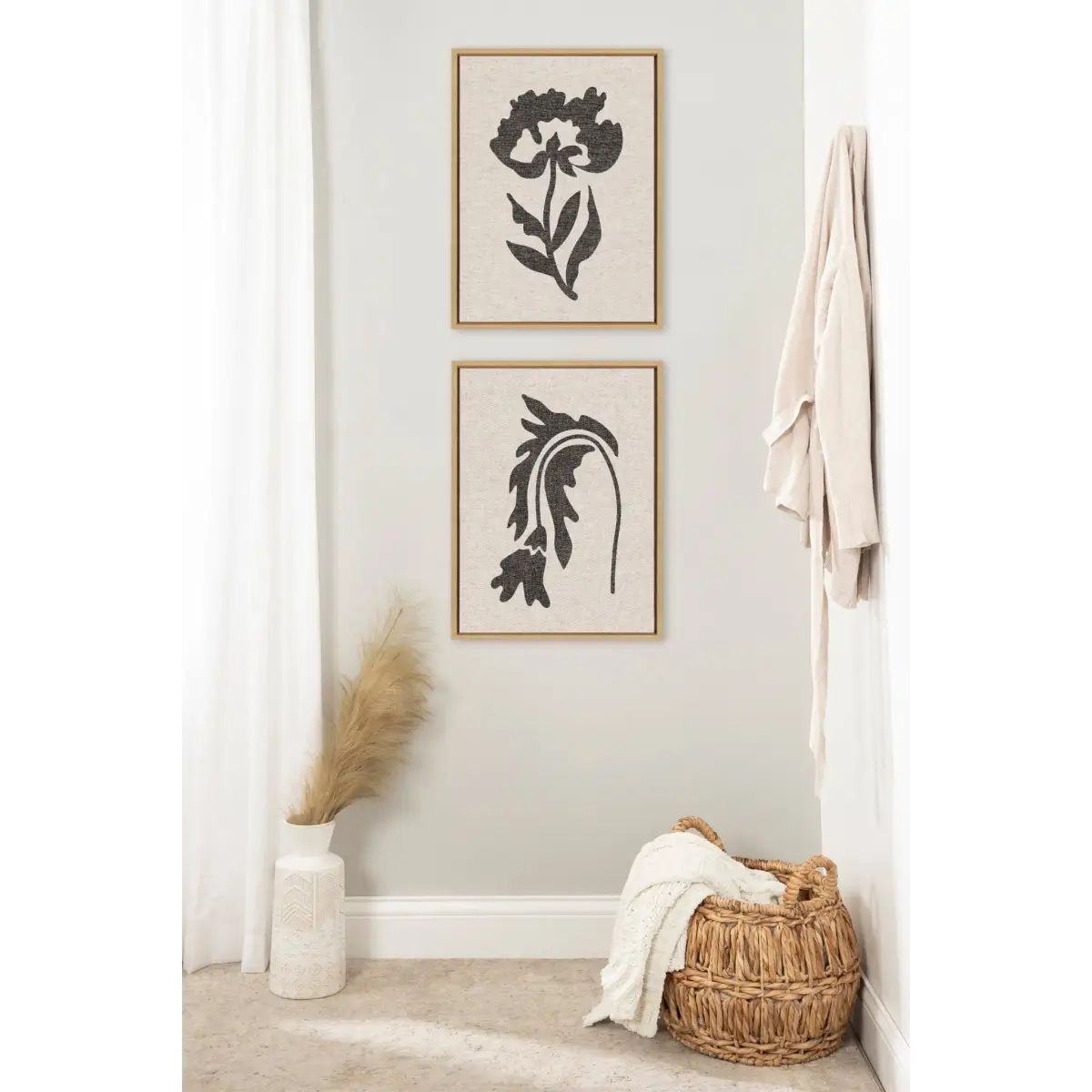 Scandi Botanical Neutral Textured Linen Framed Canvas Art Set - Natural / 2 Piece Set 18x24 - kateandlaurel